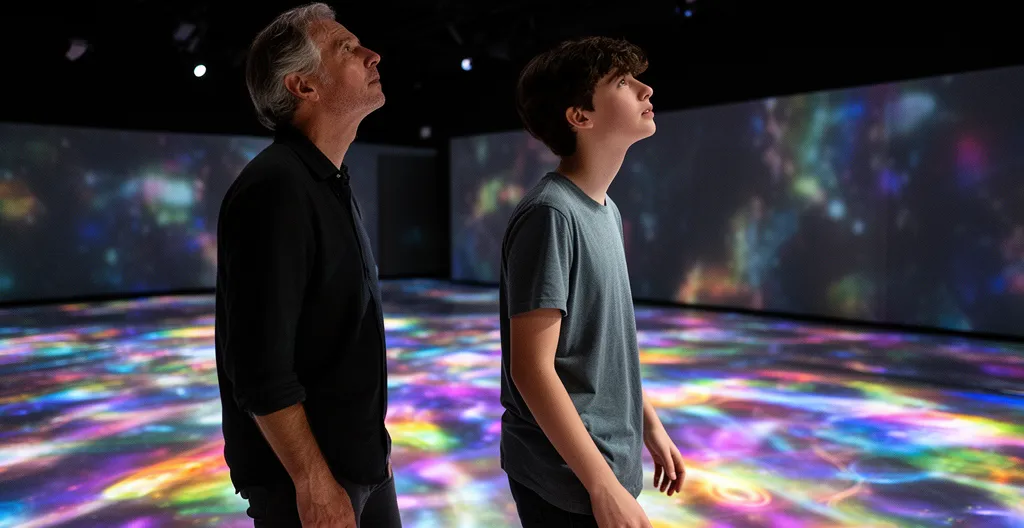 Famille dans espace immersif avec projections au sol et sur les murs