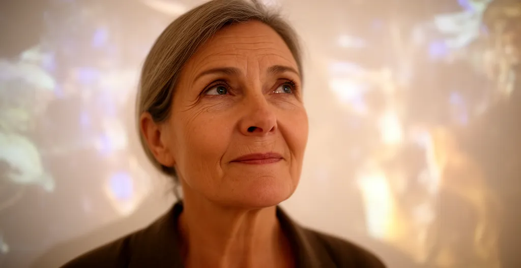 Personne mature émerveillée dans exposition immersive intimiste