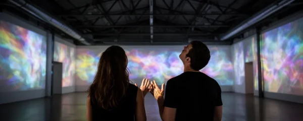 Groupe de visiteurs absorbés dans une exposition immersive avec projections murales colorées