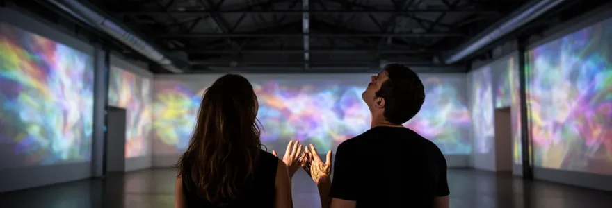 Groupe de visiteurs absorbés dans une exposition immersive avec projections murales colorées