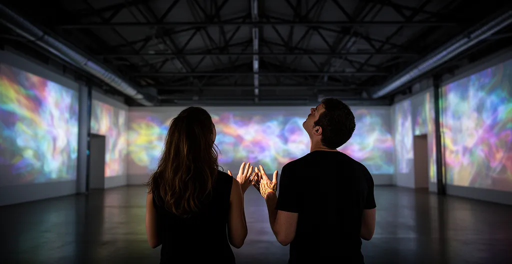 Groupe de visiteurs absorbés dans une exposition immersive avec projections murales colorées