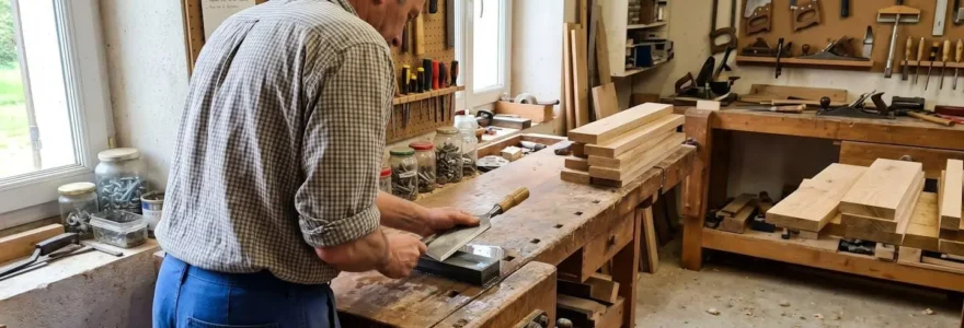 Un menuisier vu de profil affûte un ciseau à bois sur une pierre à eau dans son atelier lumineux, geste concentré et précis