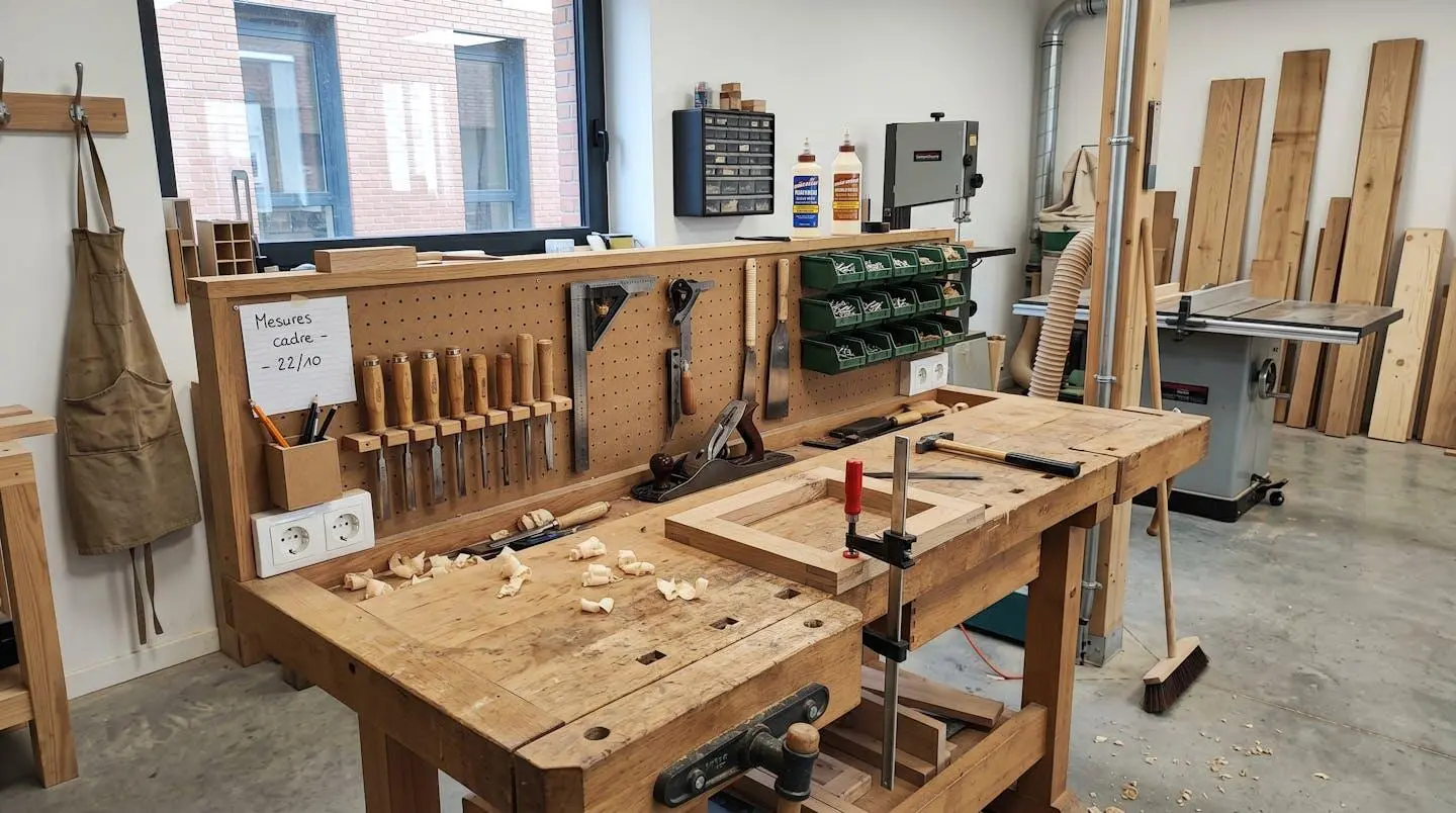 Vue d'ensemble d'un établi de menuisier amateur bien rangé avec ciseaux, rabots et cales à poncer disposés sous une lumière naturelle dans un atelier contemporain